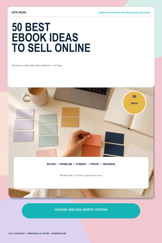 Full-color Pinterest-style cover for 50 Best eBook Ideas to Sell Online by Nite Read