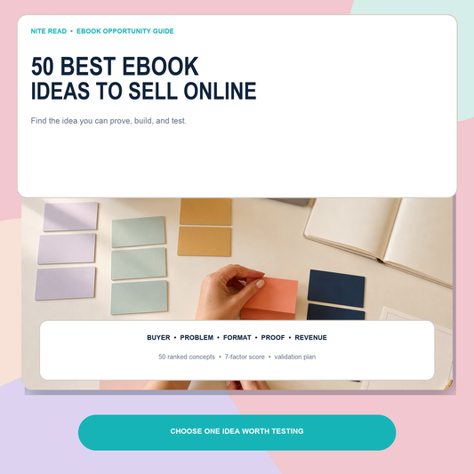 50 Best eBook Ideas to Sell Online digital product guide with full-color printable worksheets by Nite Read