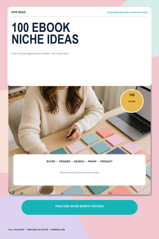 Full-color Pinterest-style cover for 100 eBook Niche Ideas by Nite Read