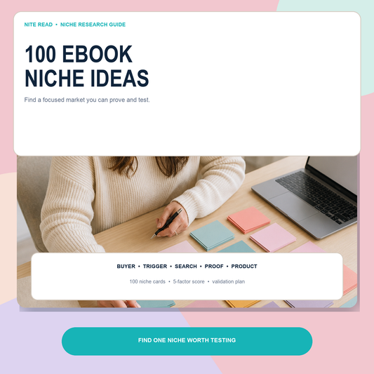 100 eBook Niche Ideas digital product guide with full-color printable worksheets by Nite Read