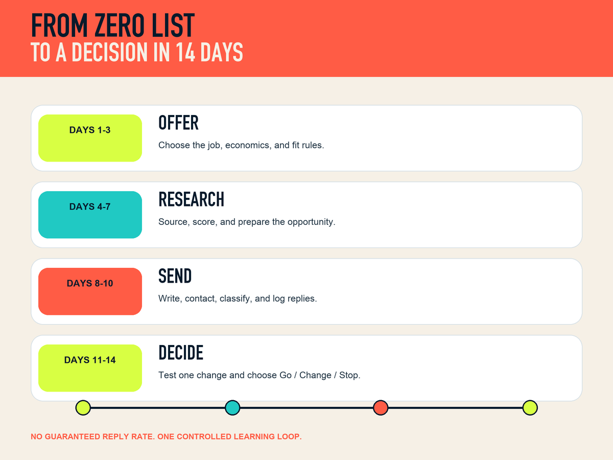 Fourteen-day creator outreach sprint from readiness and fit scoring to controlled batches and Go Change Stop decision.